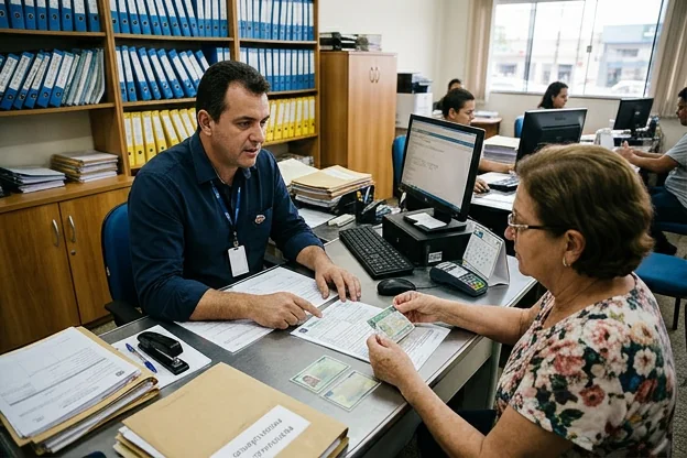 Despachante explica o processo de renovação de CNH a um cliente, com documentos em mãos.
