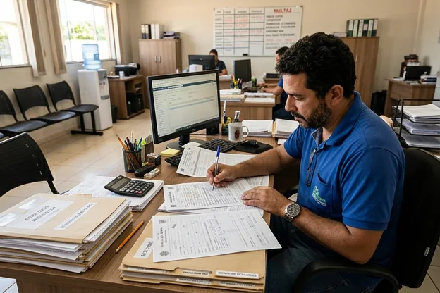 Despachante organiza documentos para recurso de multa, com foco em sua mesa de trabalho.