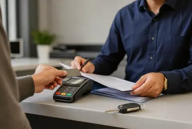 Despachante processa o pagamento de débitos de um veículo, com documentos ao lado.